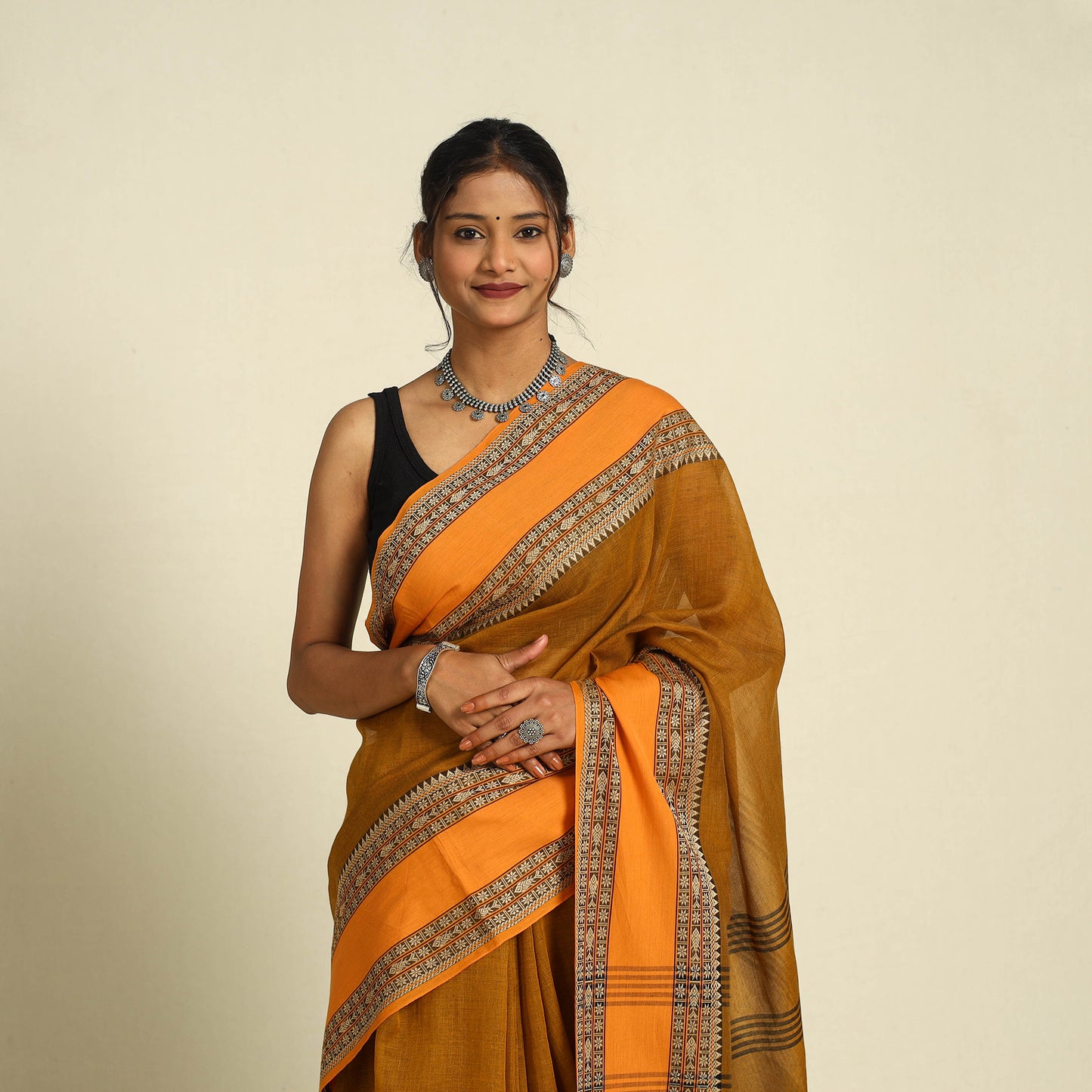 Buy Brown Bengal Woven Border Handloom Cotton Saree 