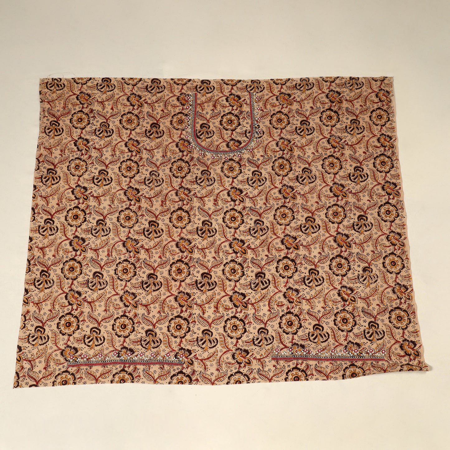 Beige Kalamkari Print Hand Embroidery Cotton Blouse Piece