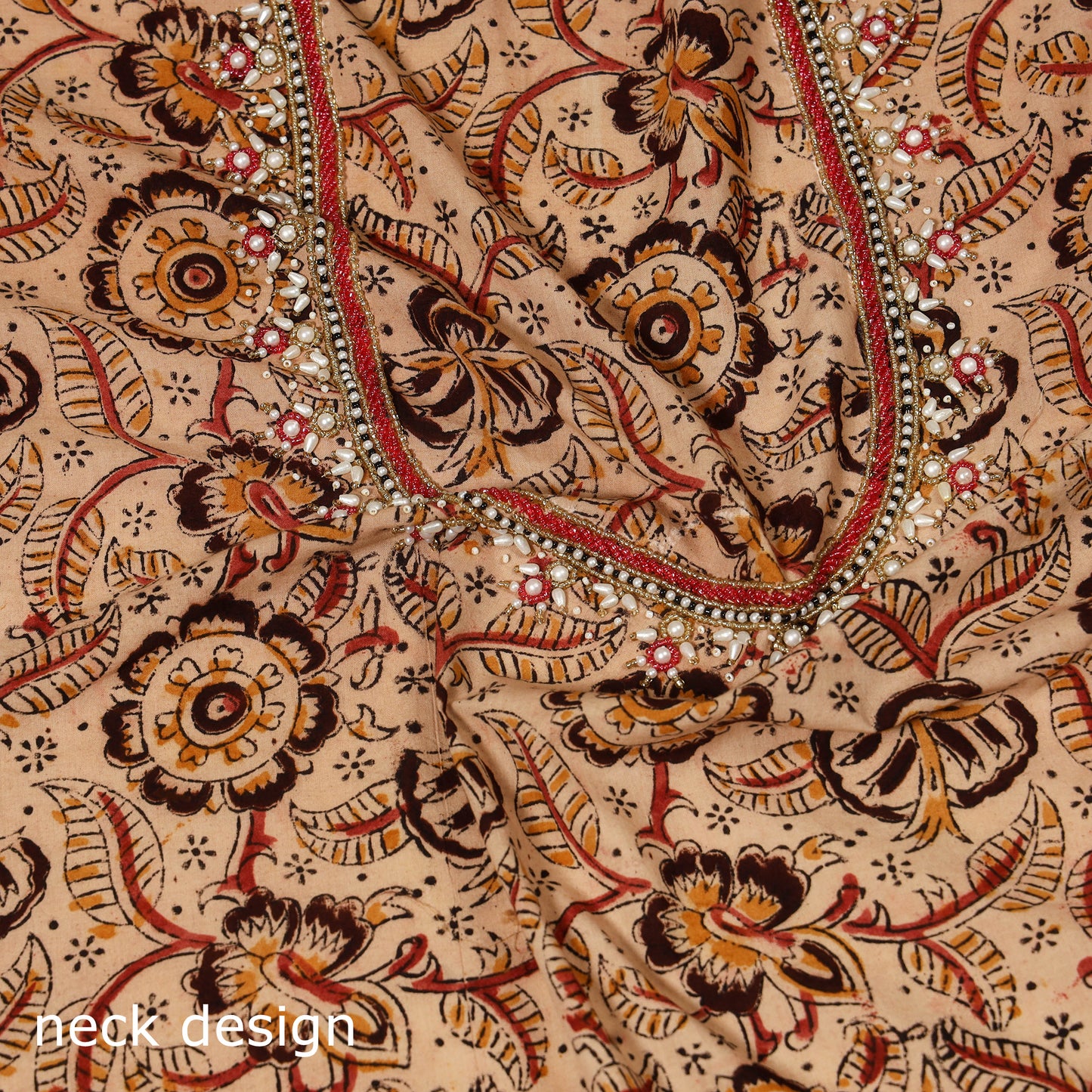 Beige Kalamkari Print Hand Embroidery Cotton Blouse Piece