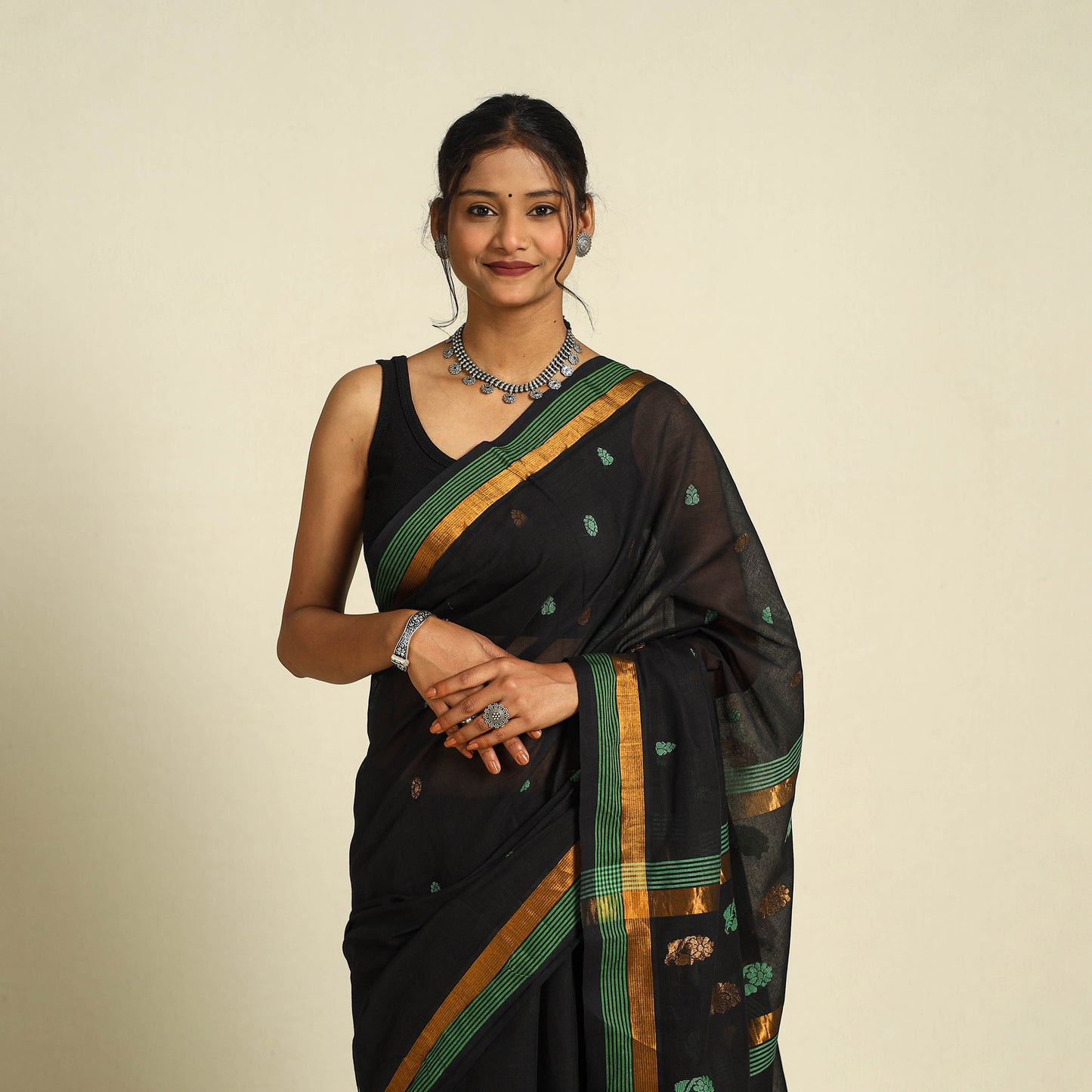  Black Handloom Cotton Zari & Thread Buti Venkatagiri Saree