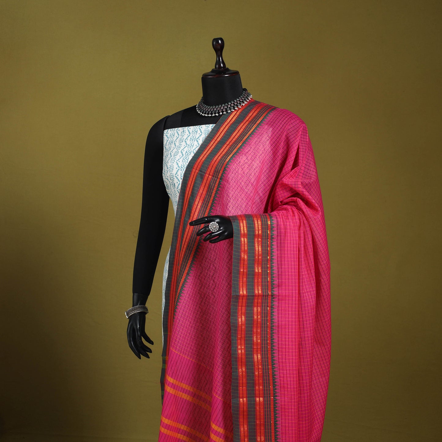 Pink - dharwad cotton dupatta with zari border 35