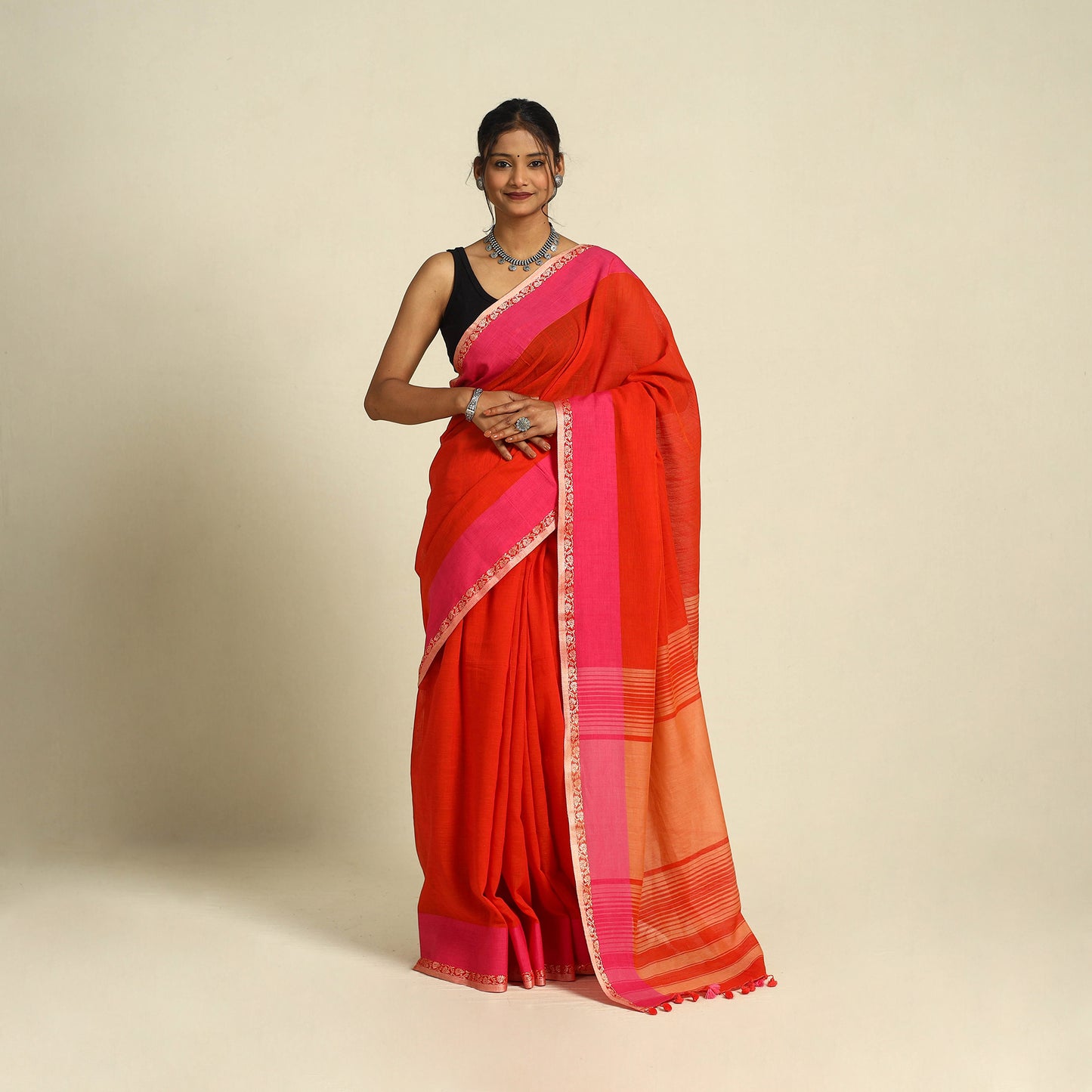 Buy Red Bengal Woven Border Handloom Cotton Saree