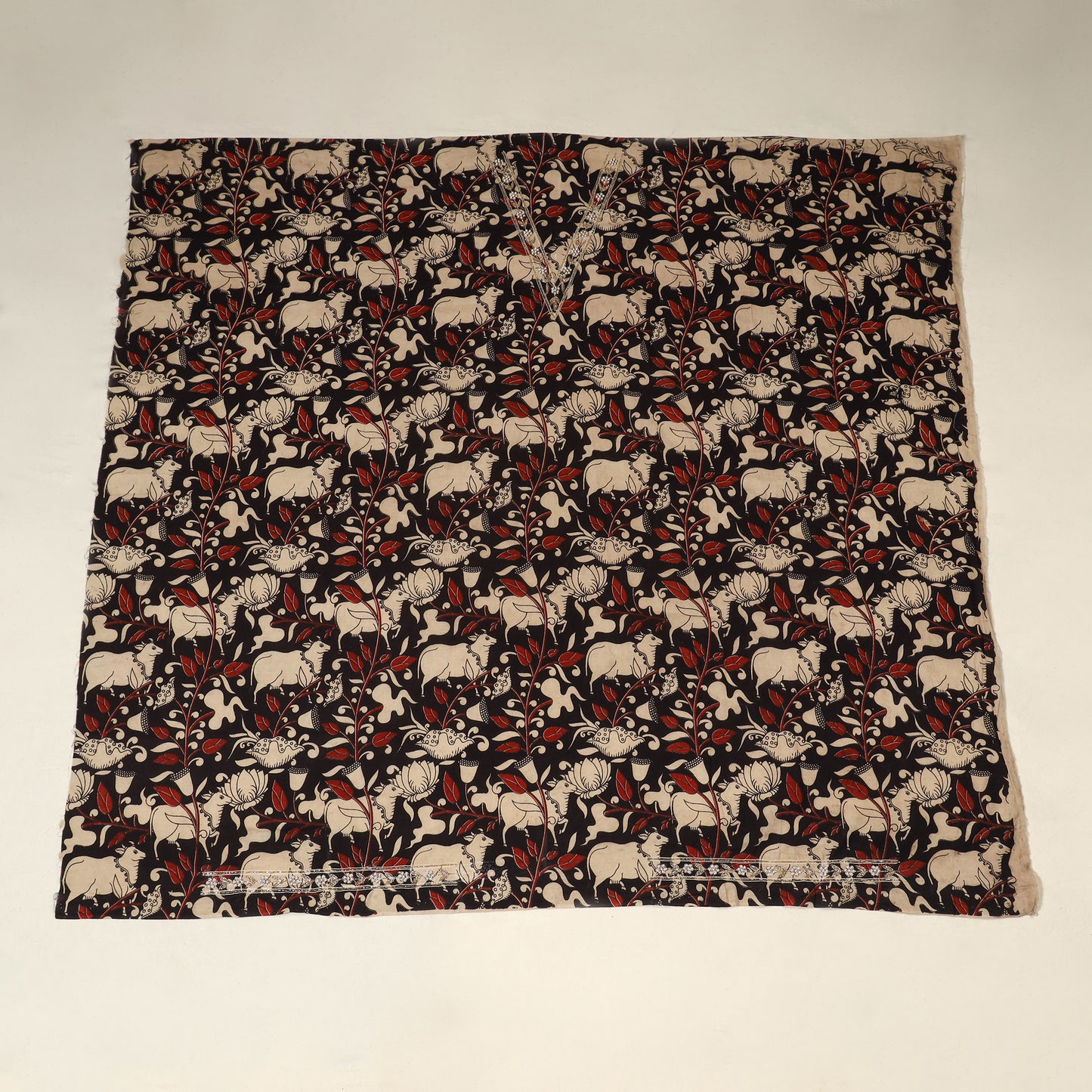 Black Kalamkari Print Hand Embroidery Cotton Blouse Piece