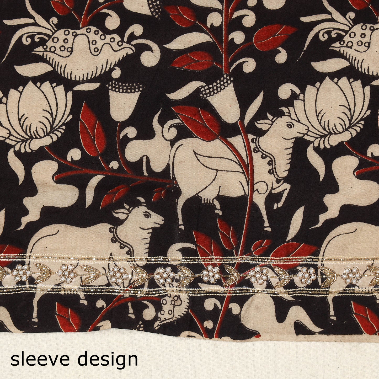 Black Kalamkari Print Hand Embroidery Cotton Blouse Piece