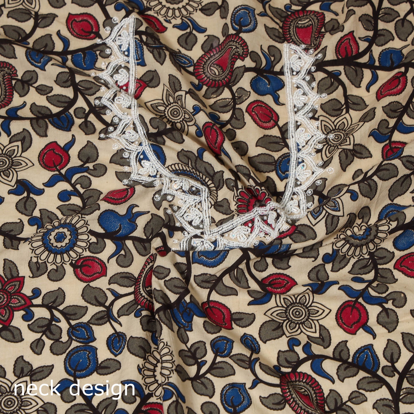 Multicolor Kalamkari Print Hand Embroidery Cotton Blouse Piece