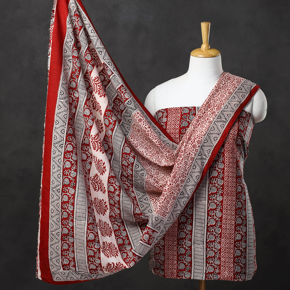 Red - 3pc Natural Dyed Cotton Bagh Print Suit Material Set 02