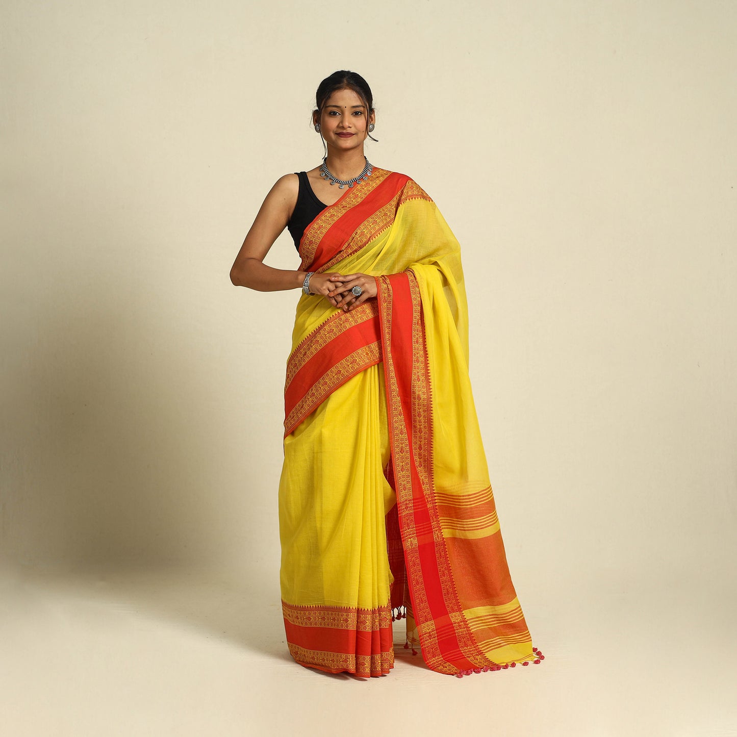 Buy Yellow Bengal Woven Border Handloom Cotton Saree