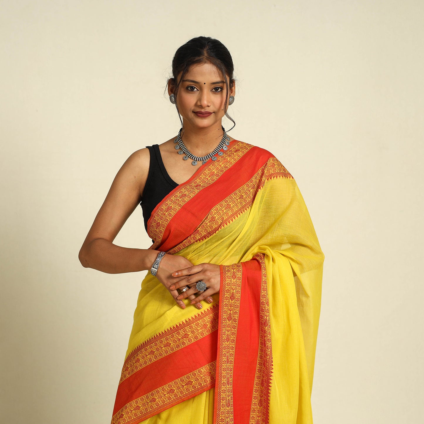 Buy Yellow Bengal Woven Border Handloom Cotton Saree