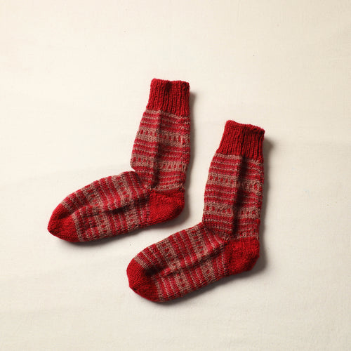 Red - Kumaun Hand Knitted Woolen Socks (Adult) 50