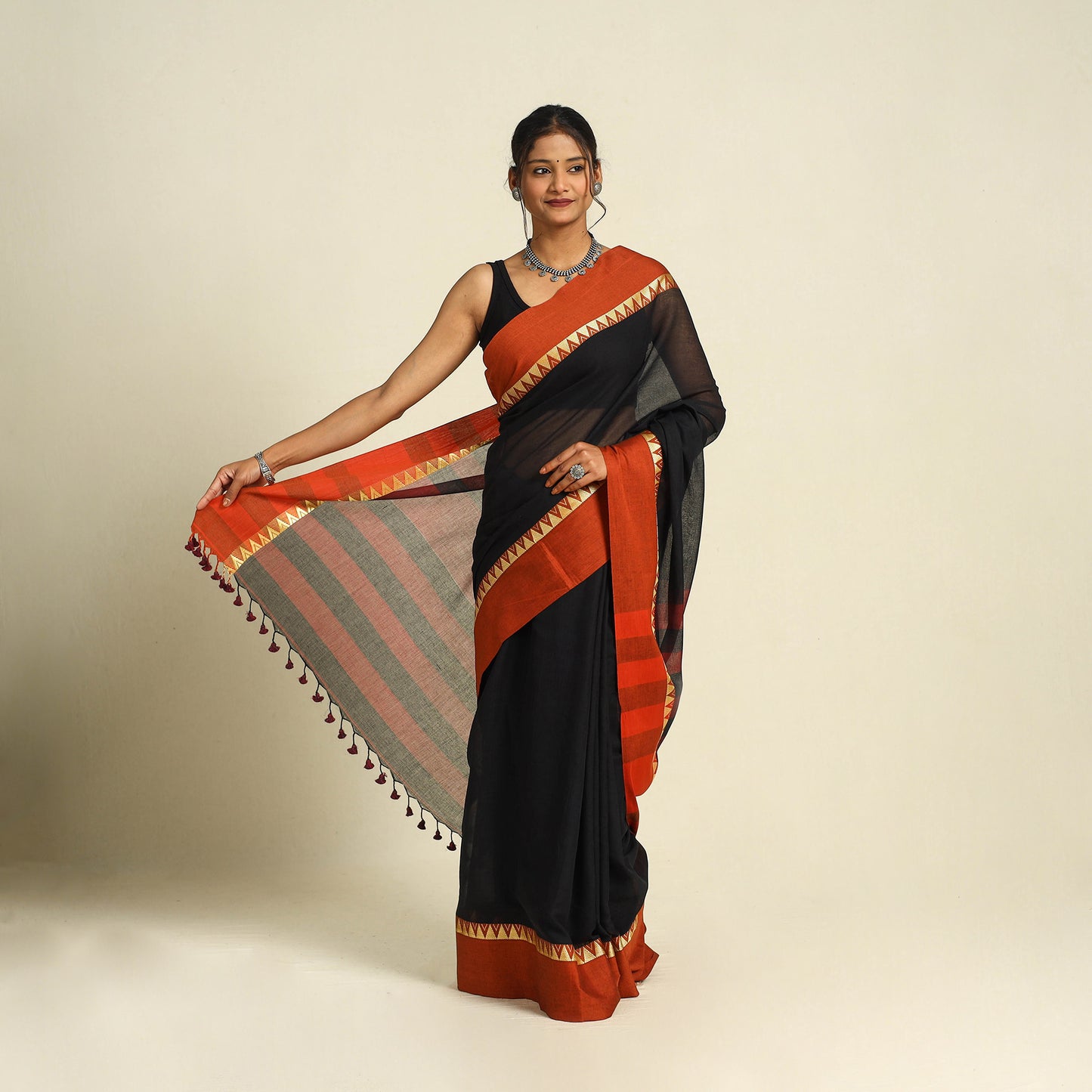 Buy Black Bengal Woven Border Handloom Cotton Saree