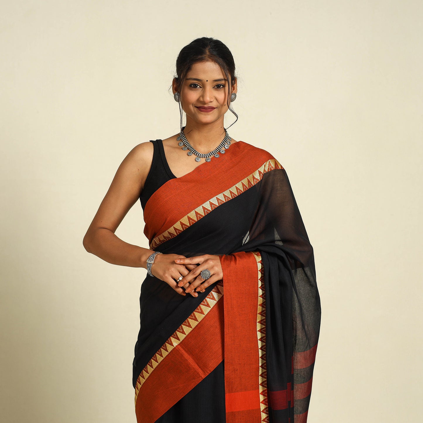 Buy Black Bengal Woven Border Handloom Cotton Saree