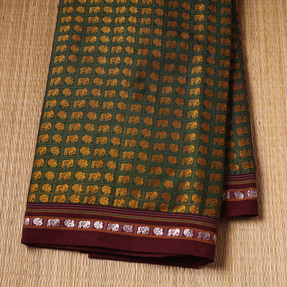 Green - Karnataka Khun Weave Elephant & Peacock Motif Cotton Fabric