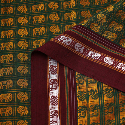 Green - Karnataka Khun Weave Elephant & Peacock Motif Cotton Fabric
