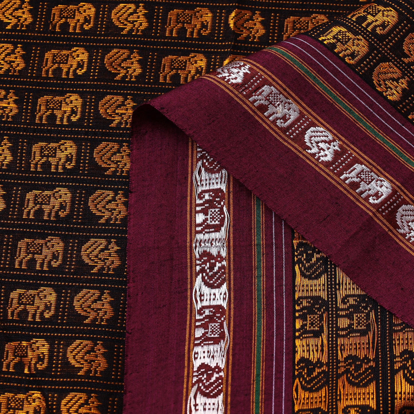 Yellow - Karnataka Khun Weave Elephant & Peacock Motif Cotton Fabric