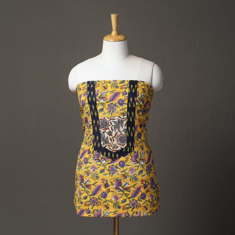 Buy Yellow Sanganeri Block Print Patchwork Kurta Material