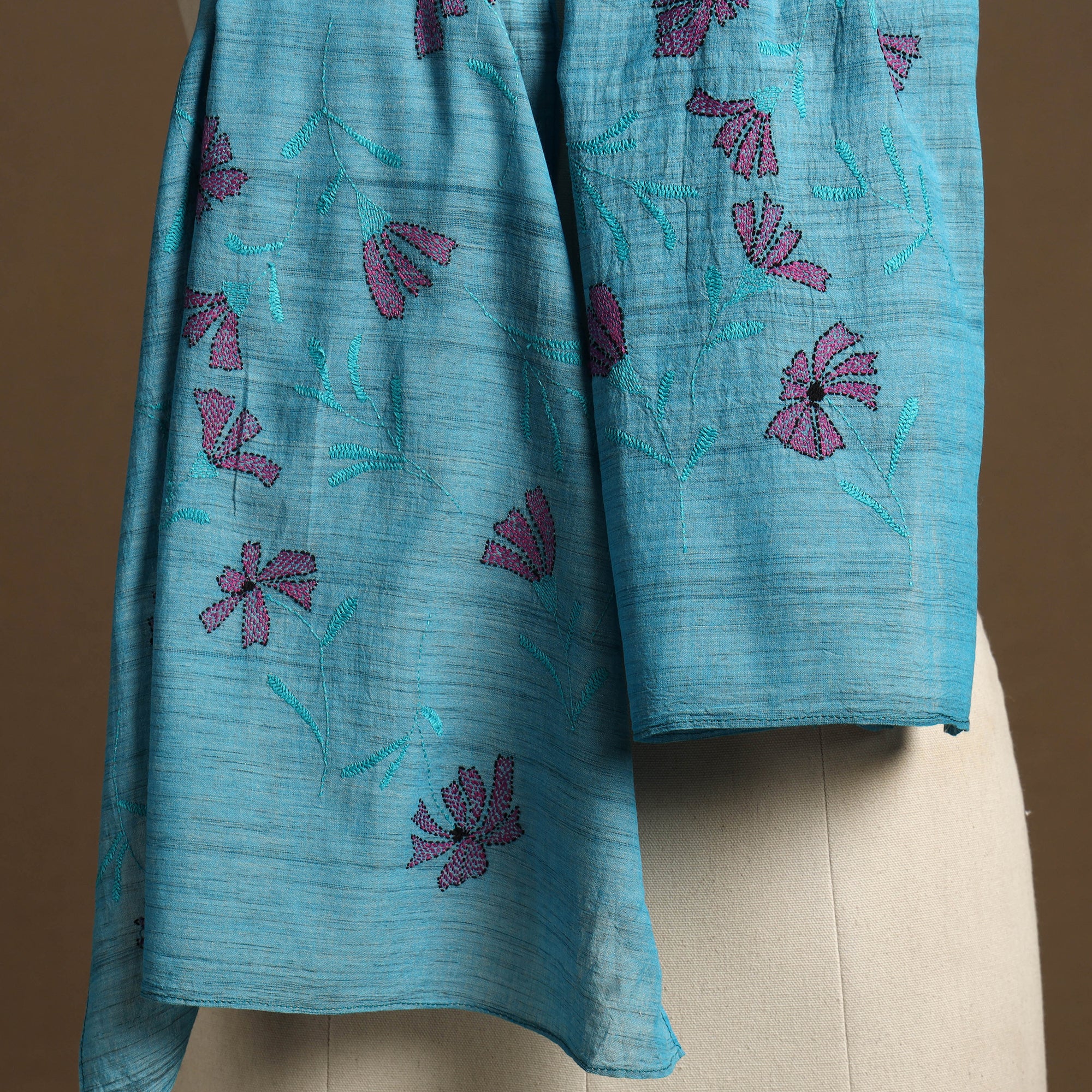 Blue Handloom Cotton Bengal Kantha Work Stole