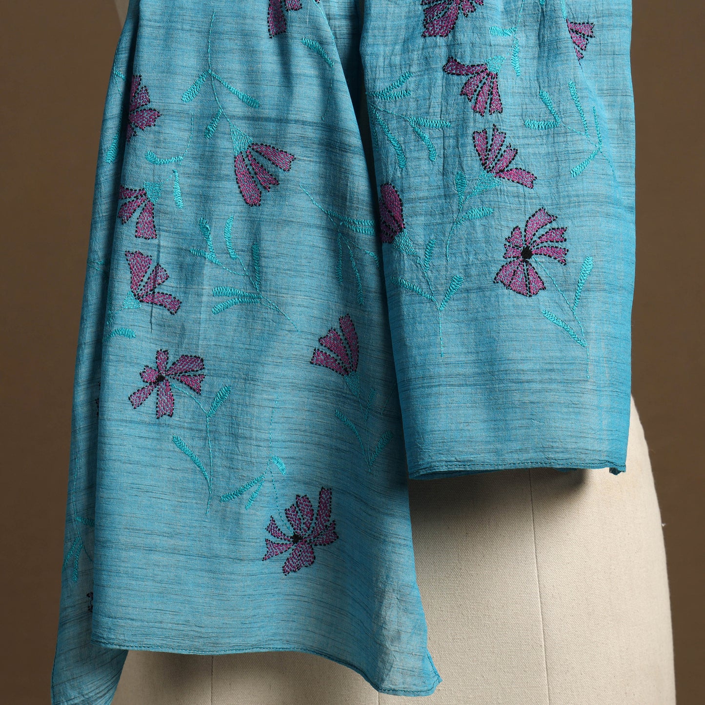 Blue Handloom Cotton Bengal Kantha Work Stole