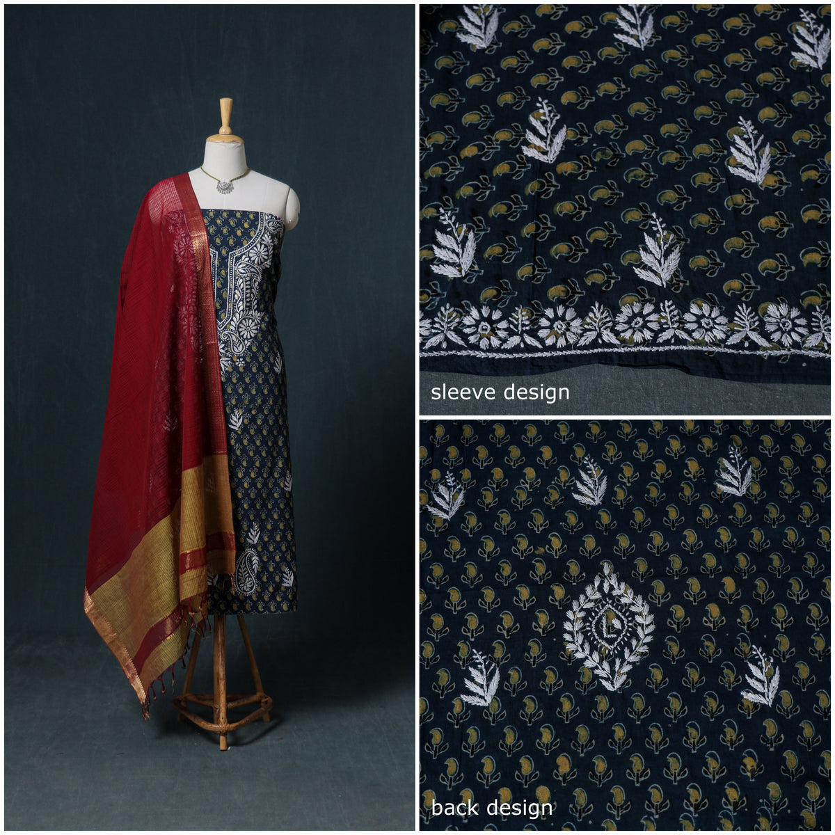 Lucknowi Chikankari Hand Work Unstitched Dress Material: Kurta & Dupatta with Jewellery 42