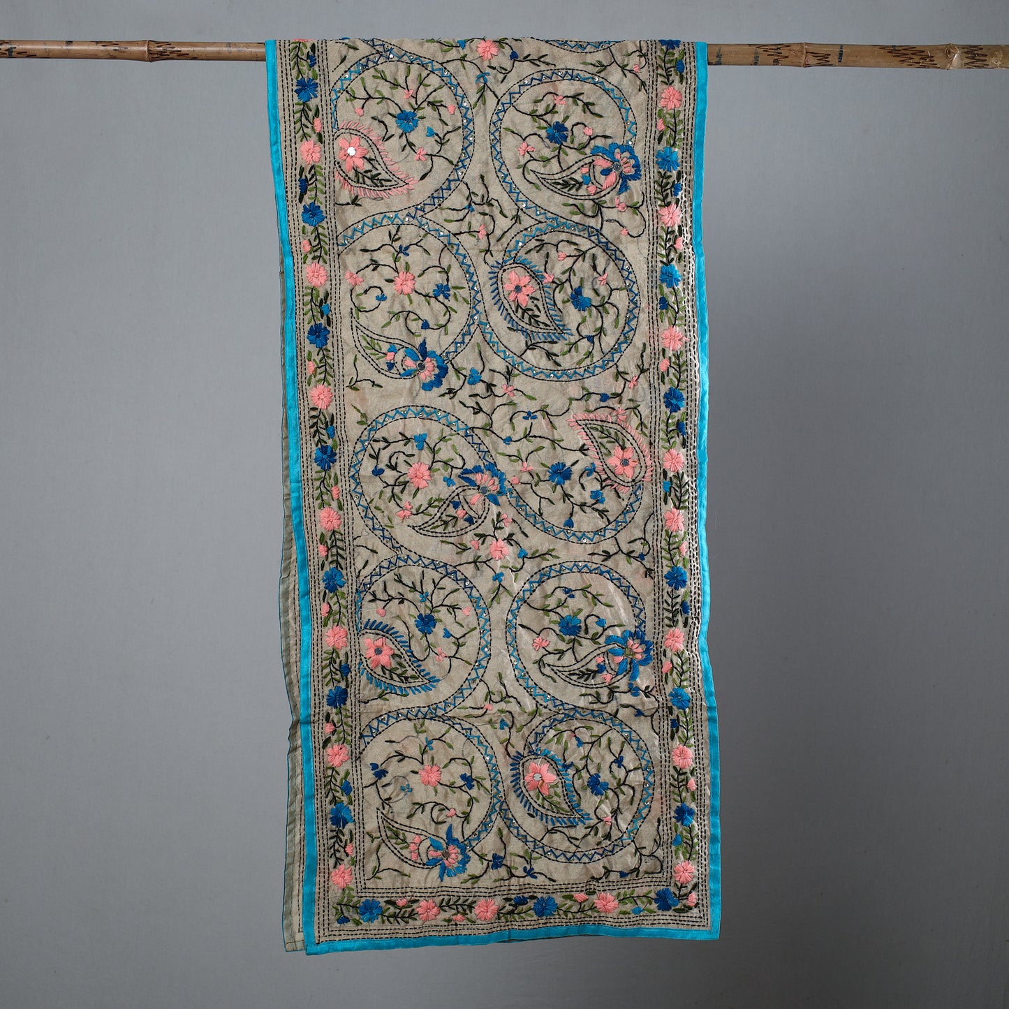 Blue - Ranihati Chapa Work Phulkari Embroidery Chanderi Silk Stole 09