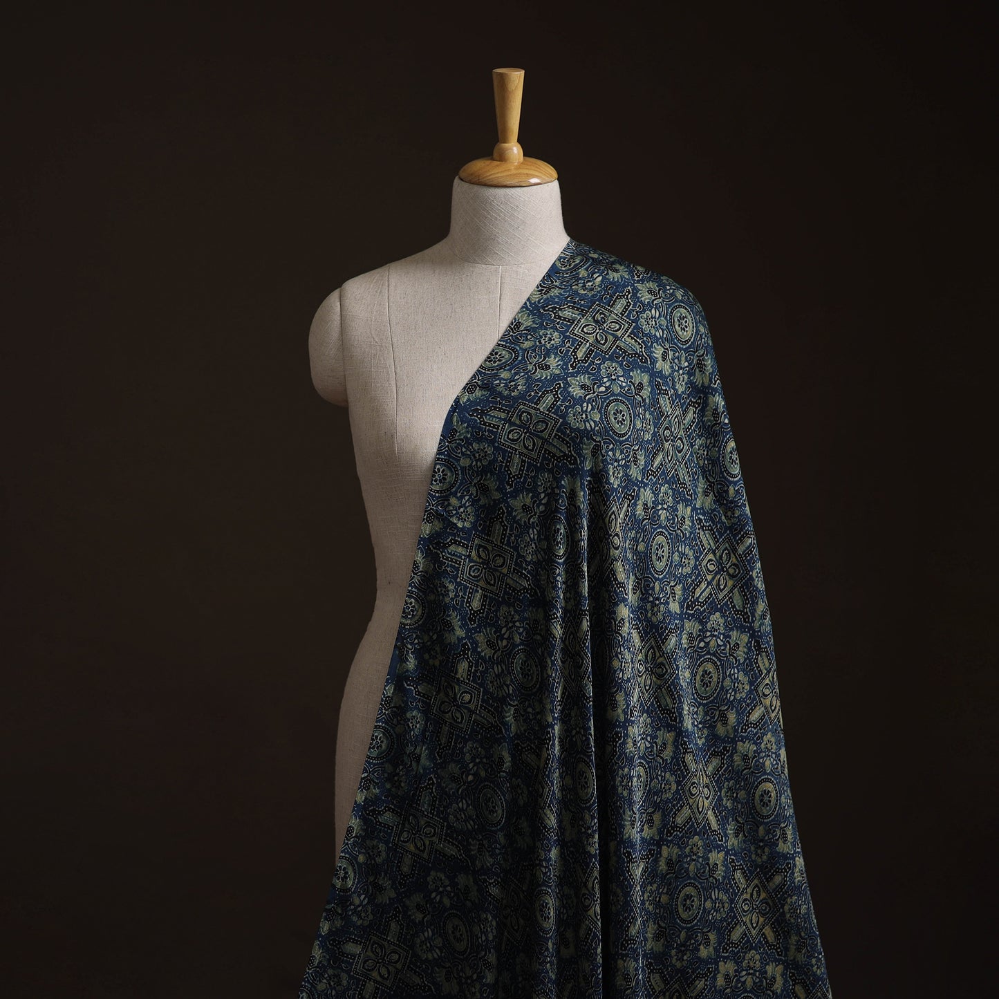 Blue - Ajrakh Hand Block Print Natural Dyed Modal Silk Fabric 02