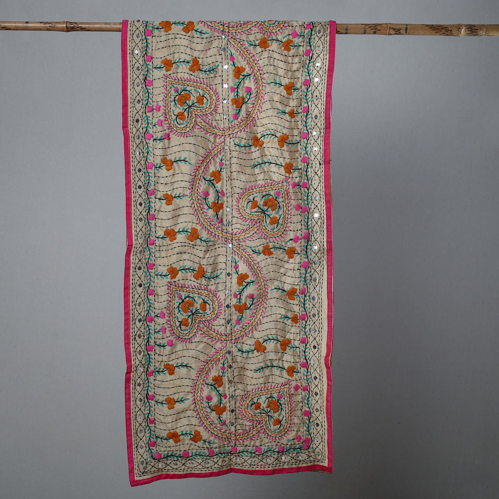 Pink - Ranihati Chapa Work Phulkari Embroidery Chanderi Silk Stole 38