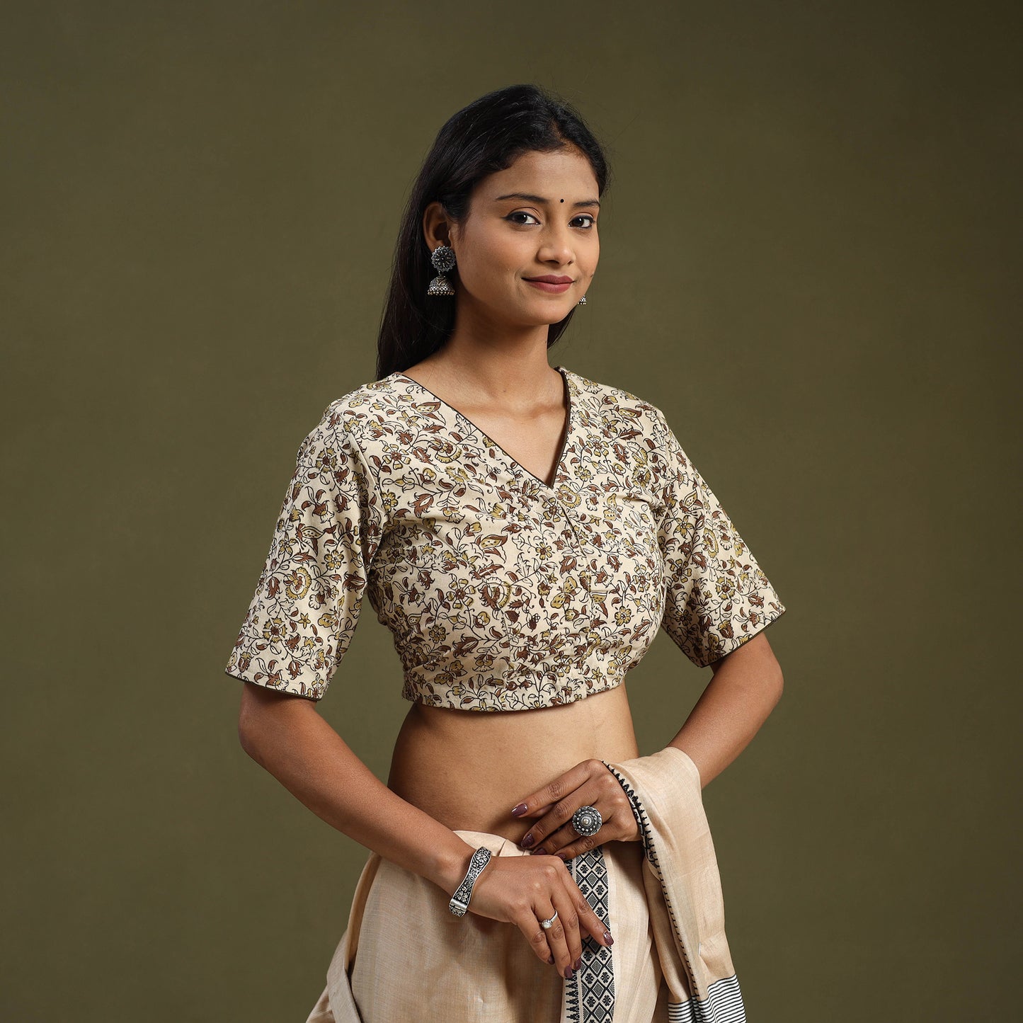 Buy Beige Pedana Block Print Cotton Stitched Kalamkari Blouse