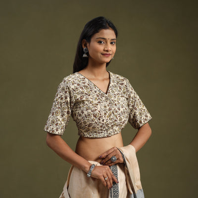 Buy Beige Pedana Block Print Cotton Stitched Kalamkari Blouse