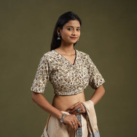 Buy Beige Pedana Block Print Cotton Stitched Kalamkari Blouse