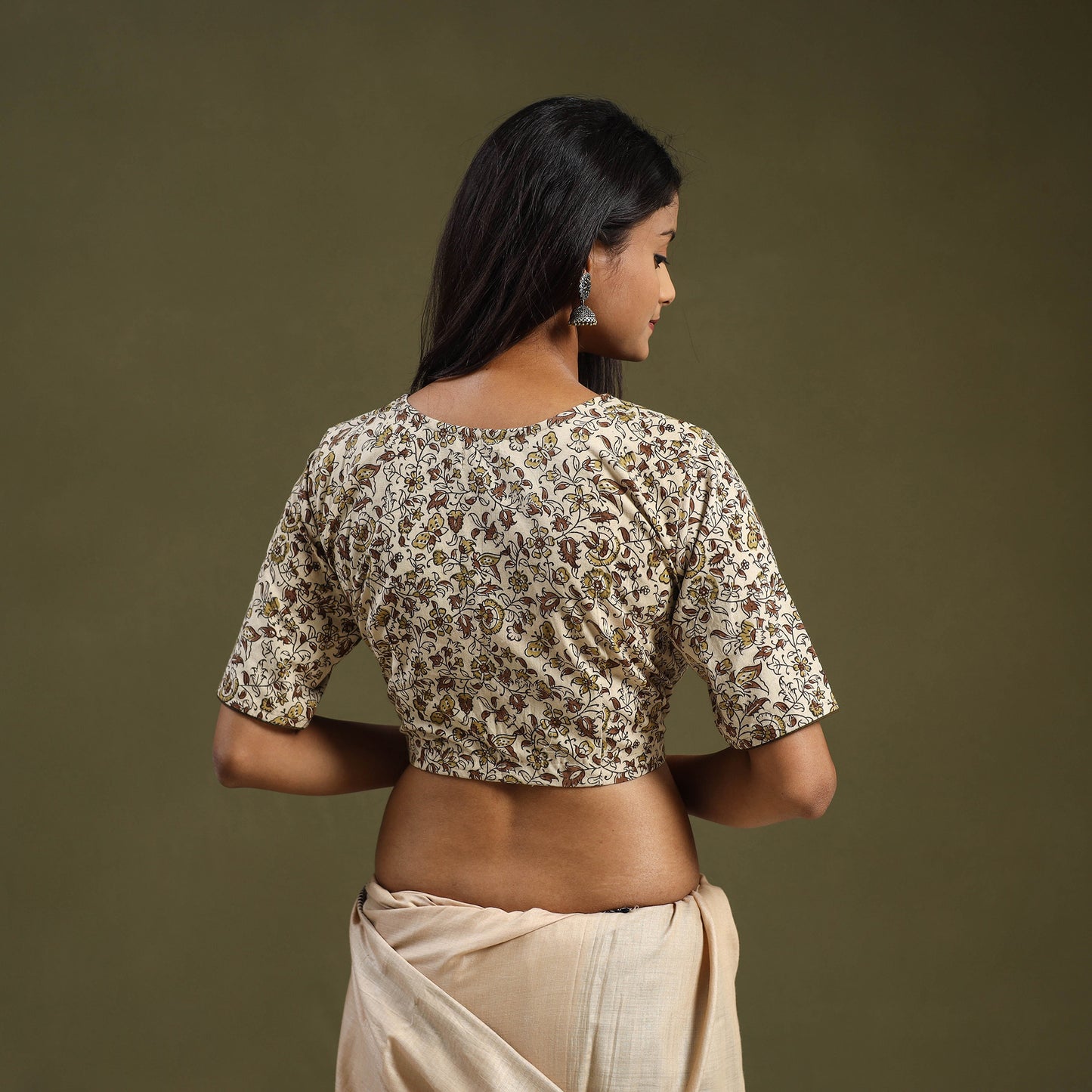Buy Beige Pedana Block Print Cotton Stitched Kalamkari Blouse