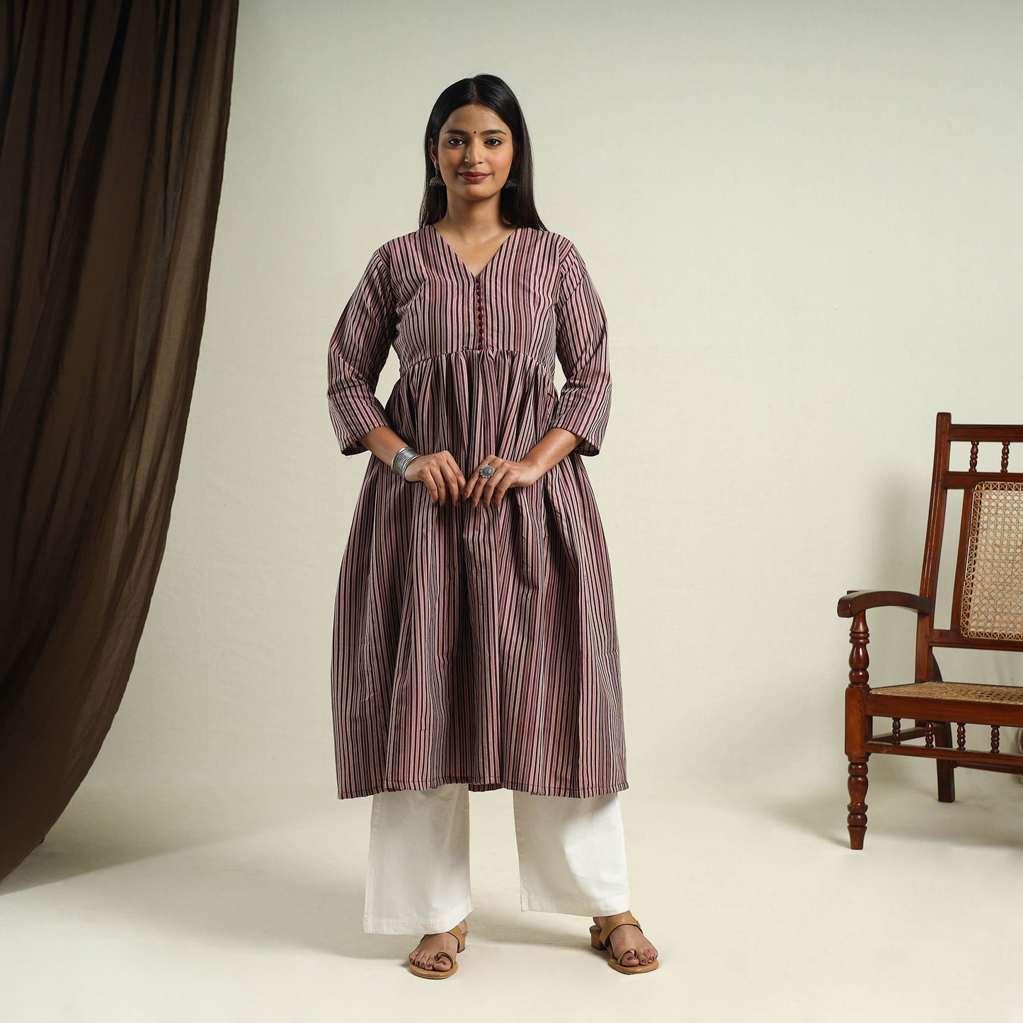  Brown Jhiri Handloom Flared Cotton Kurta for Women