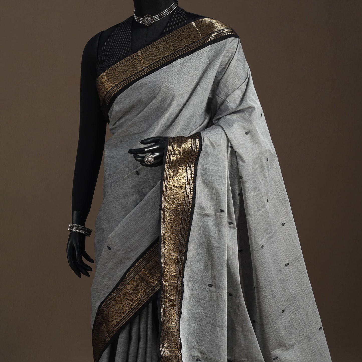 Grey - kandangi buti chettinad cotton saree with border 06