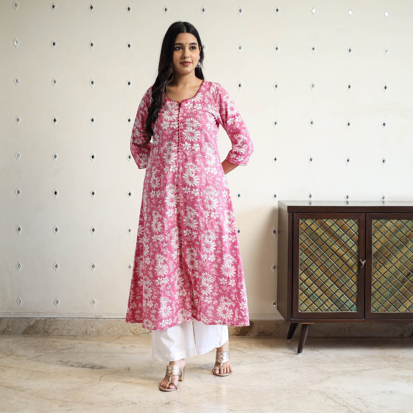 Pink  Block Print Cotton A-Line Sanganeri Kurta for Women