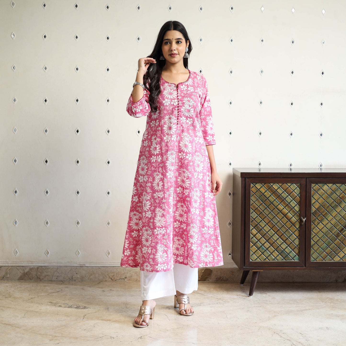 Pink  Block Print Cotton A-Line Sanganeri Kurta for Women