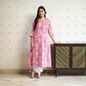 Pink  Block Print Cotton A-Line Sanganeri Kurta for Women