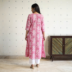 Pink  Block Print Cotton A-Line Sanganeri Kurta for Women