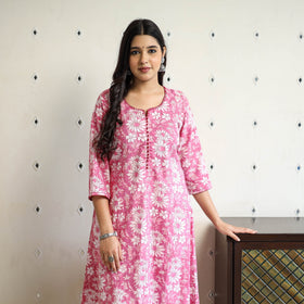 Pink  Block Print Cotton A-Line Sanganeri Kurta for Women