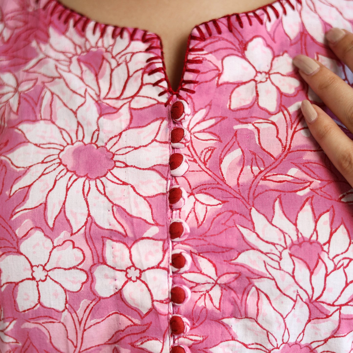 Pink  Block Print Cotton A-Line Sanganeri Kurta for Women
