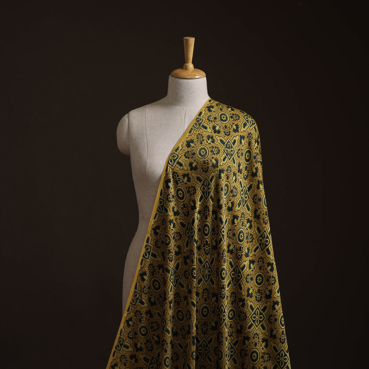 Yellow - Ajrakh Hand Block Print Natural Dyed Modal Silk Fabric 71