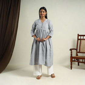 Buy Grey Jhiri Handloom Flared Cotton Kurta for Women