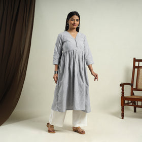 Buy Grey Jhiri Handloom Flared Cotton Kurta for Women