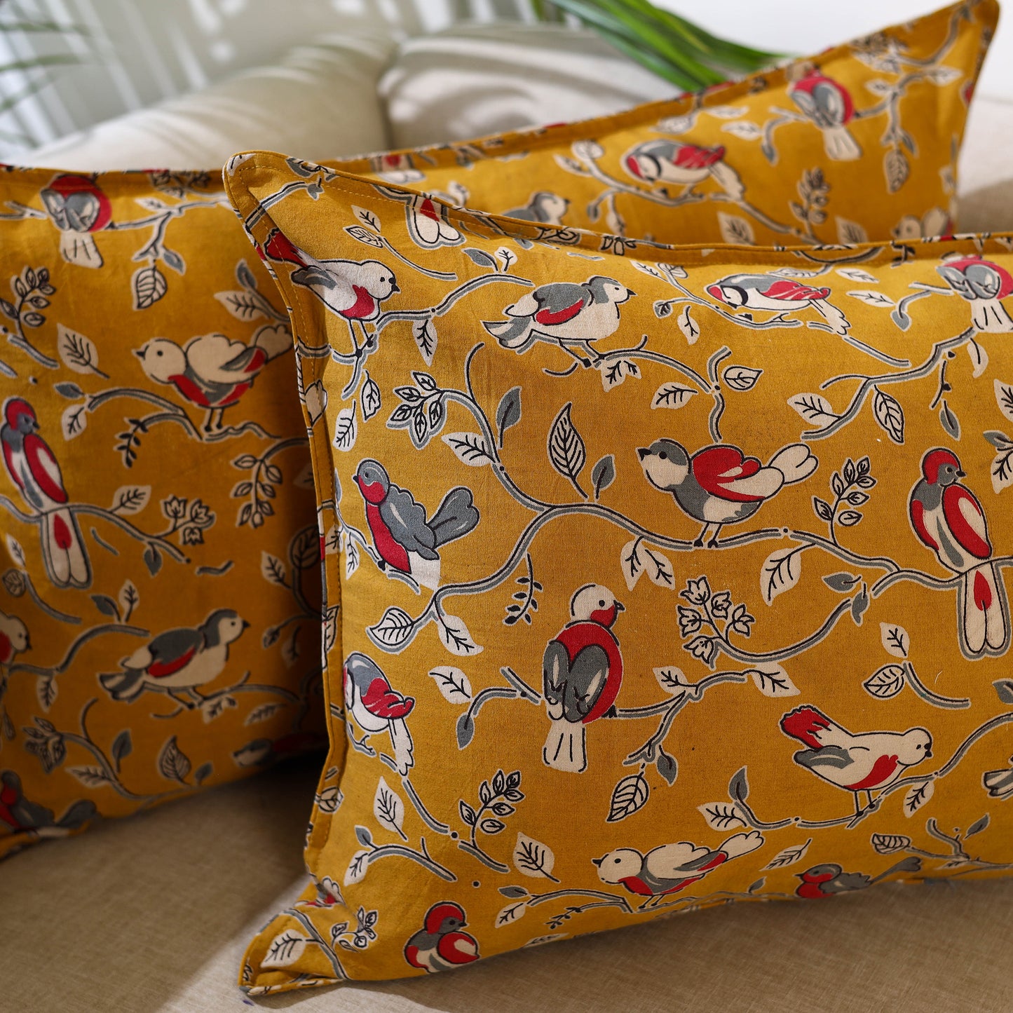 Buy Set of 2 Yellow Kalamkari Print Cotton Pillow Covers