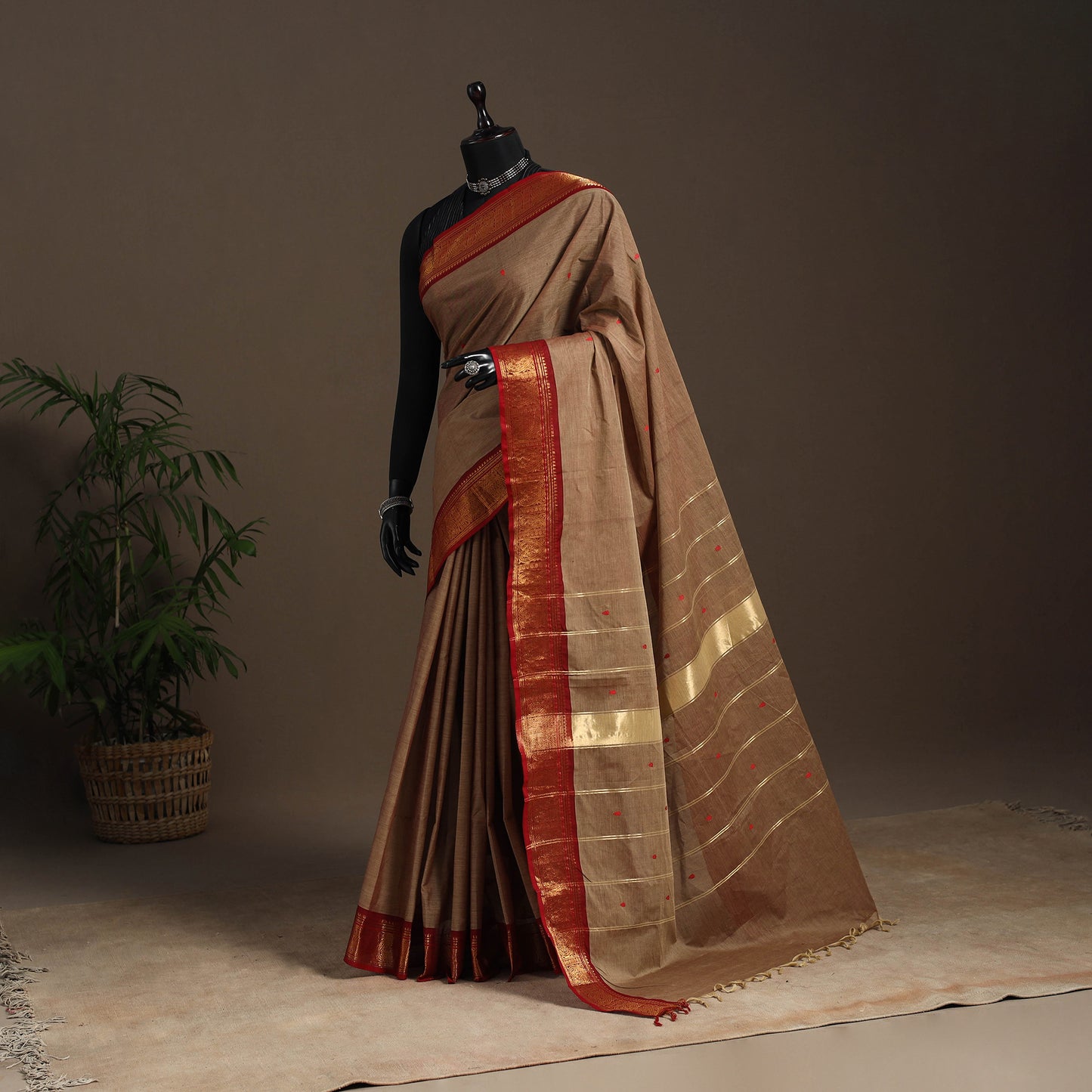 Brown - kandangi buti chettinad cotton saree with border 12