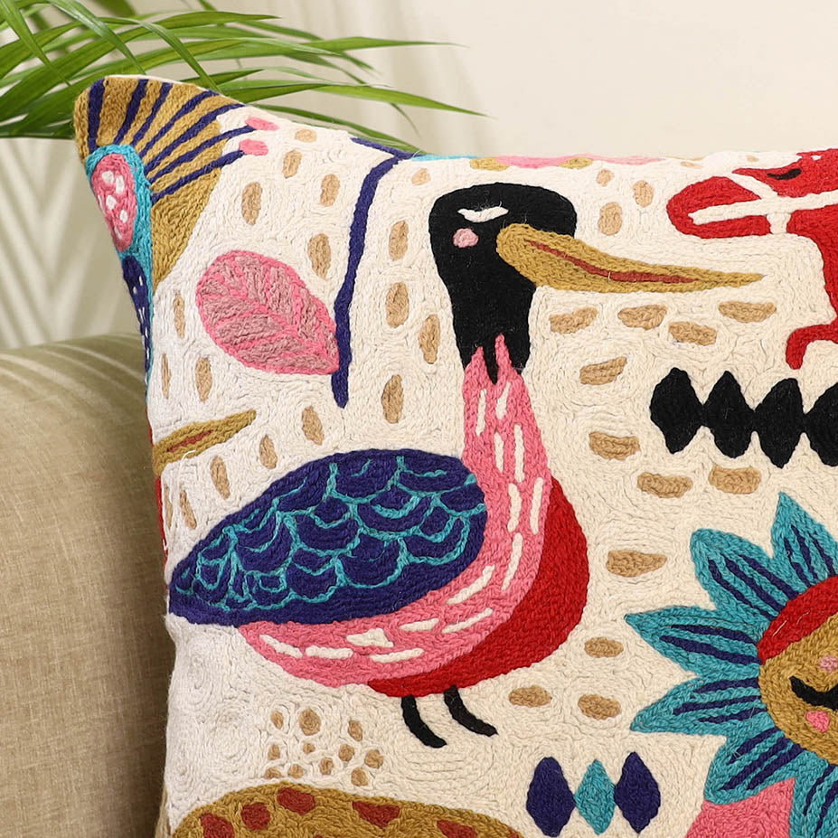 Multicolor Wool Thread Crewel Embroidery Cushion Cover