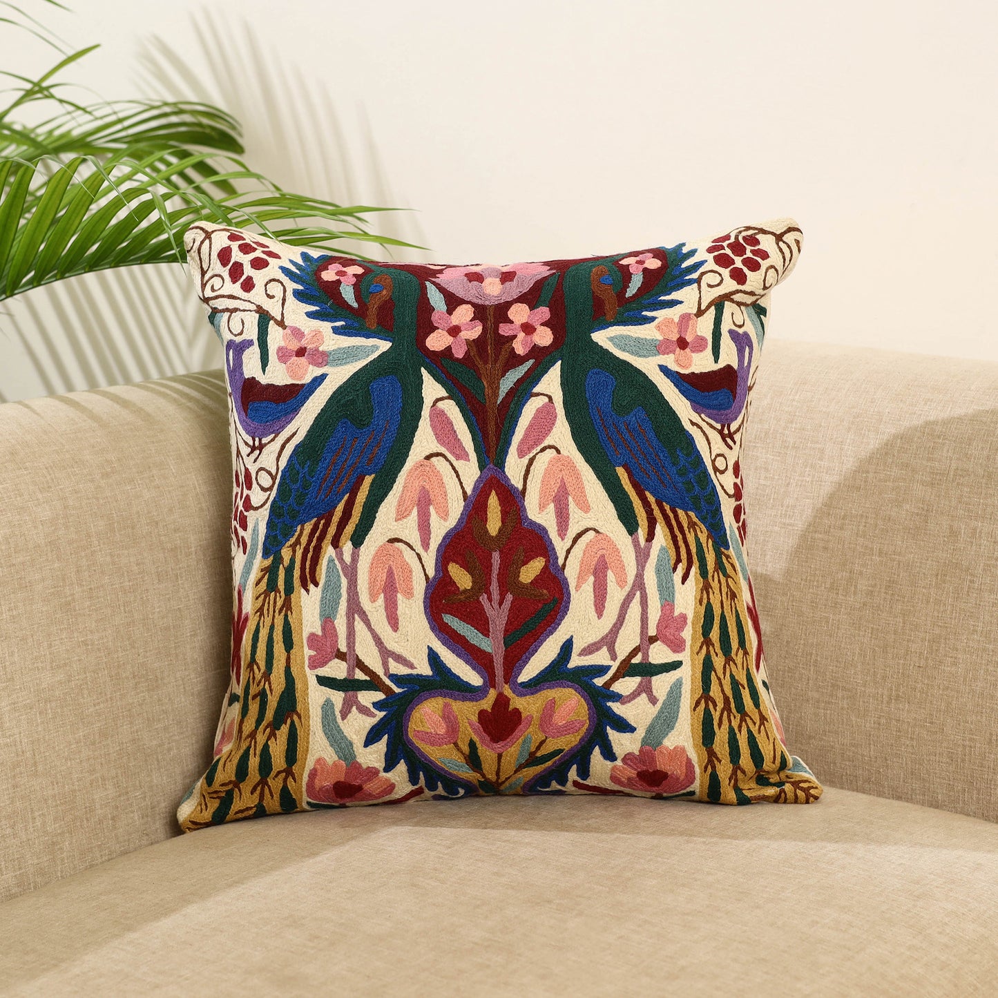 Multicolor Wool Thread Crewel Embroidery Cushion Cover