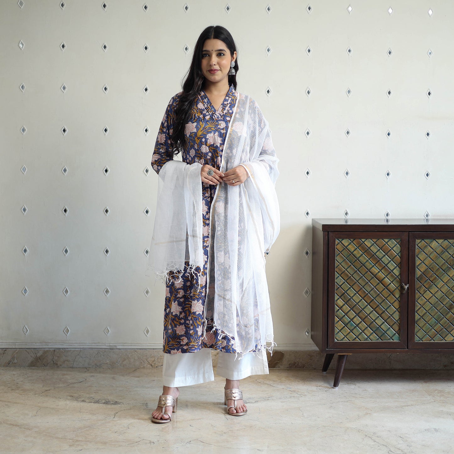  Blue Block Print Cotton Sanganeri Kurta Set (Set of 3)