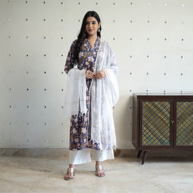  Blue Block Print Cotton Sanganeri Kurta Set (Set of 3)