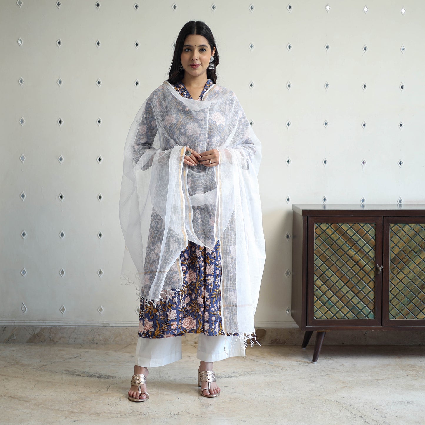  Blue Block Print Cotton Sanganeri Kurta Set (Set of 3)