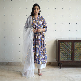  Blue Block Print Cotton Sanganeri Kurta Set (Set of 3)