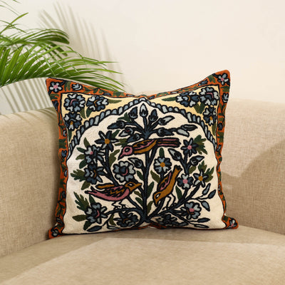 Multicolor Wool Thread Crewel Embroidery Cushion Cover