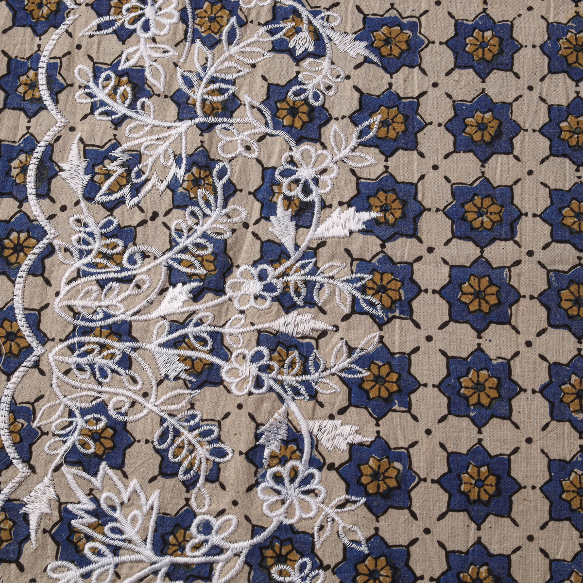 Ajrakh Block Print Natural Dyed Fabric with Embroidered Border 07